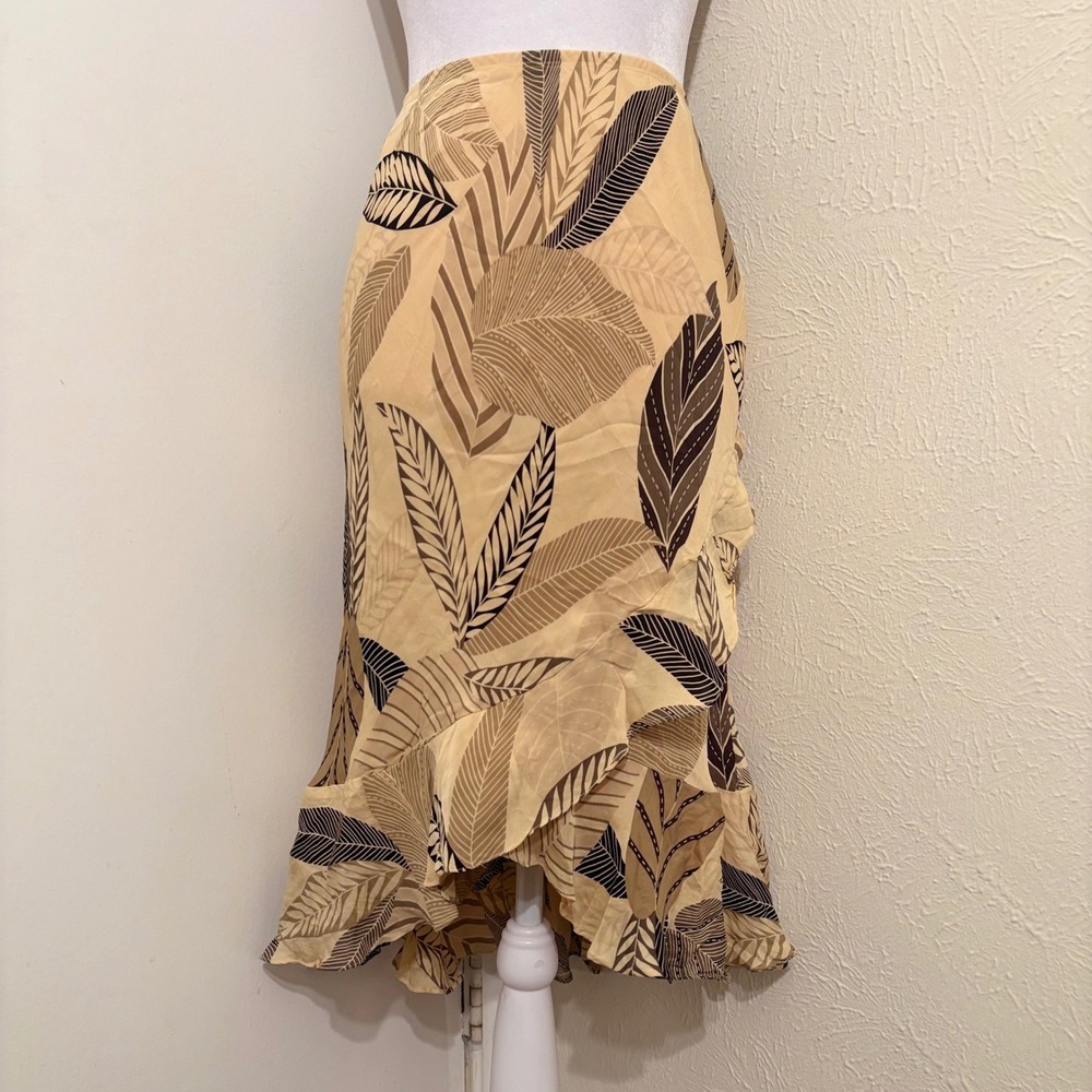 100% Silk Midi Skirt Brown Tan Leaf Tropical Wrap Ruffle Boho Safari Rustic PM